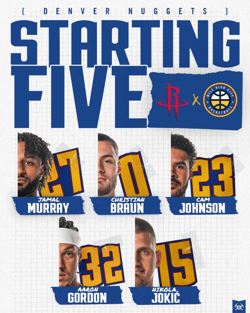 掘金首发:默里、布劳恩、约翰逊、阿龙-戈登、约基奇